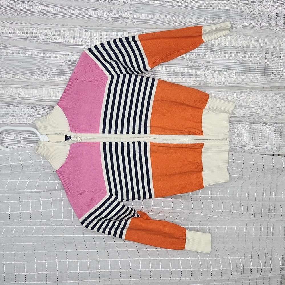 Pink, Navy, Orange & White Casimire Blend Zip Front Toddler Sweater Kid Sz4T